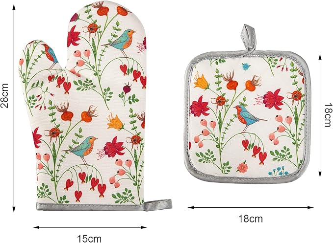 Kitchen Oven Mitts and Pot Holders Sets, Flower Bird Print Oven Gloves and