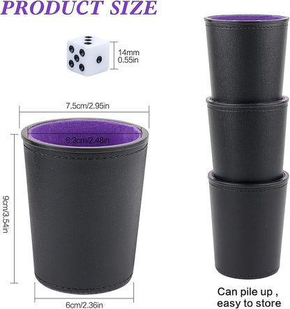 Felt-Lined PU Leather Dice Cup Set, 6 Quiet Dice Shaker Cups with 36 Dices for Bar Party Yahtzee Farkle Dice Games, Purple