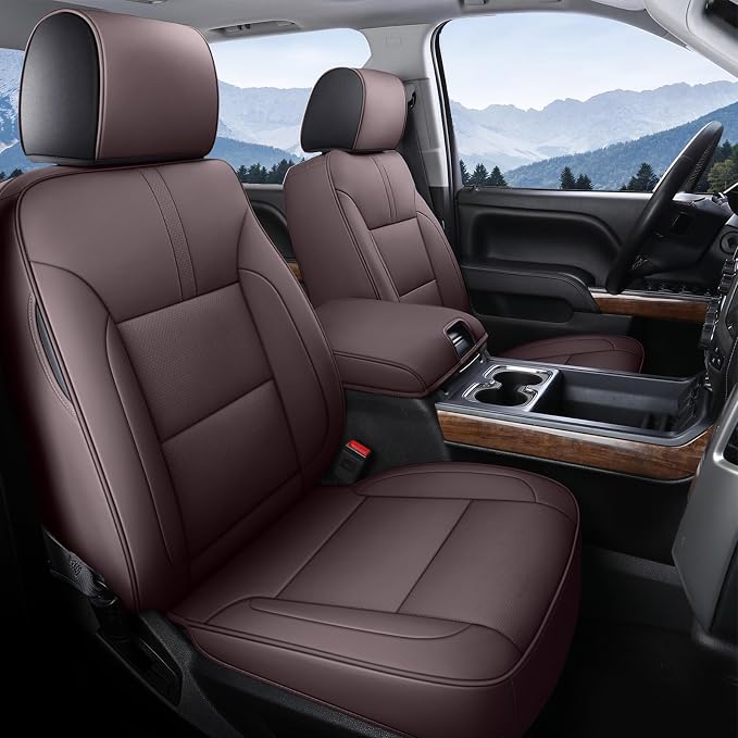 Coverado Chevy Silverado Seat Covers, Leather Car Seat Covers Custom Fit for Chevy Silverado GMC Sierra 2014-2018 1500, 2015-2019 2500HD 3500HD (Full Set, Brown)