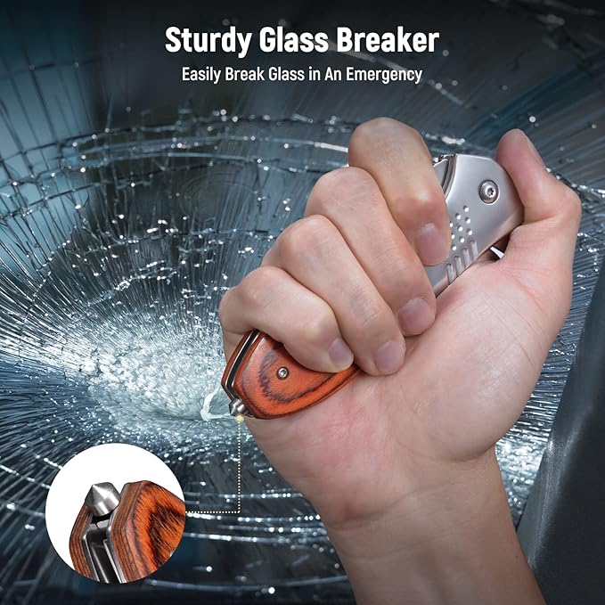 Pocket Knife for Men - 3.46" Sharp Blade Wood Handle Pocket Folding Knives with Clip, Glass Breaker - EDC Knives for Survival Camping Fishing Hiking Hunting Women, Silver