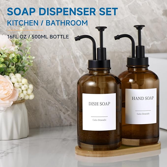 Glass Soap Dispenser with Pump, Dish and Hand Soap Dispenser