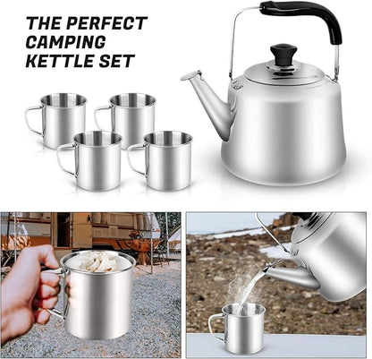 Odoland 4L Camping Kettle Set with 4 Cups, Durable Stainless Steel Camp Tea Coffee Water Pot with 4 Mugs for Hiking, Backpacking, Outdoor Camping and Picnic, Carrying Bag Included