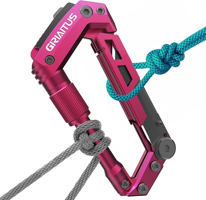 Dark Pink Color Multitool Carabiner EDC Pocket Multi-tool Knife Gifts for Mom Women Wife, EDC Carabiners Keychain with Bottle Opener, Rope Cutter, Window Breaker, for Camping Hiking (Deep Pink)