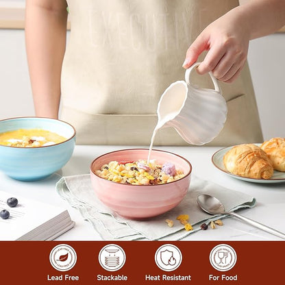 KitchenTour 24 OZ Cereal Bowls Set of 6, Ceramic Soup Bowls for Kitchen, 5.9 Inch Colorful Serving Bowls for Oatmeal, Salad, Pasta, Dessert - Microwave & Dishwasher Safe, Assorted Warm Colors