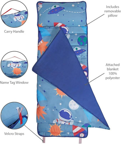 EVERYDAY KIDS Nap Mat w/Removable Pillow -Outer Space Adventures- Carry Handle with Straps Closure, Rollup Design, Soft Microfiber for Preschool, Daycare, Travel Sleeping Bag - Ages 3-6 Years