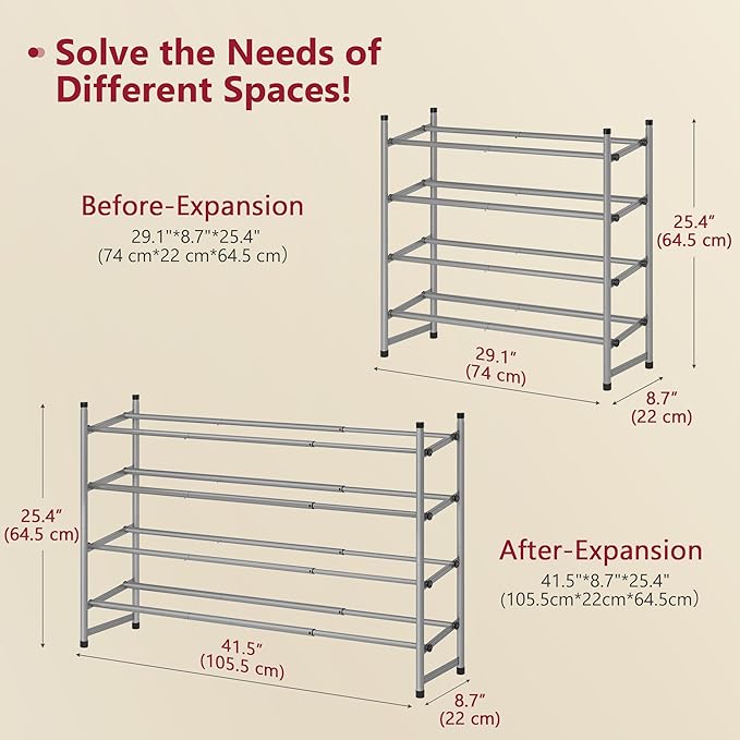 Tajsoon Expandable Shoe Rack for Closet 4 Tier, 29“-41“Adjustable & Stackable