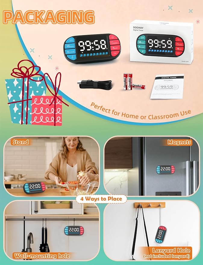 DOOMAY Digital Kitchen Visual Timer: 3.6'' Large LED Display, 3 Brightness