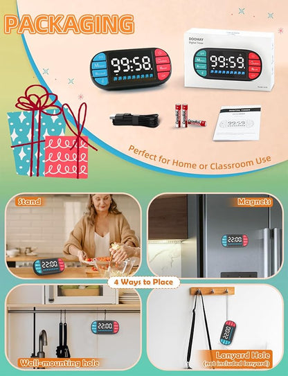 DOOMAY Digital Kitchen Visual Timer: 3.6'' Large LED Display, 3 Brightness