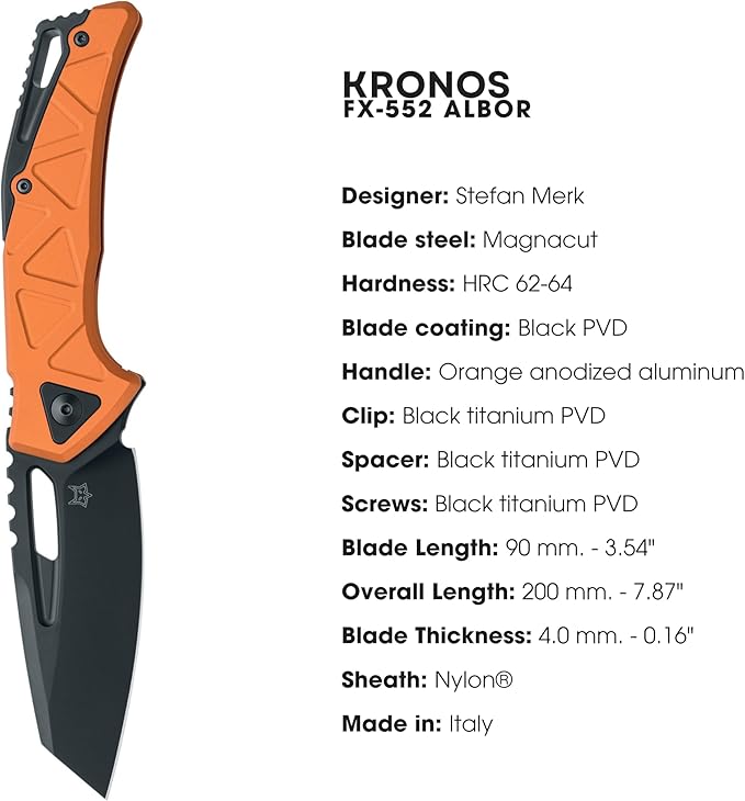 Fox Knives Chronos FX-552 ALBOR Premium Folding Knife 3.54in CPM MagnaCut Steel Blade, Reverse Tanto, Frame Lock, Tip-up Carry, EDC Pocket Knife, Made in Italy (Orange Anodized Aluminum)