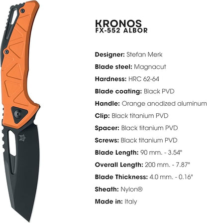 Fox Knives Chronos FX-552 ALBOR Premium Folding Knife 3.54in CPM MagnaCut Steel Blade, Reverse Tanto, Frame Lock, Tip-up Carry, EDC Pocket Knife, Made in Italy (Orange Anodized Aluminum)