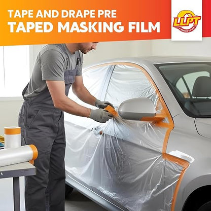LLPT Pre-Taped Masking Film, 25.6" Unfolded x 66Ft, 0.27 Mil, 2 Pack | Static-Cling, Disposable, Solvent & Oil Resistant Bleed-Proof Low Tack No Residue for Auto Wall Furniture Painting Protection