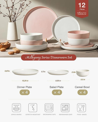 Famiware Milkyway Plates and Bowls Sets, 12 Pieces Dinnerware Sets, Reactive Glaze Dish Set, Stoneware Dishes Set for 4, Matte Beige White & Light Pink