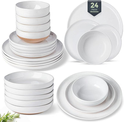 AmorArc Ceramic Dinnerware Sets with Pasta Bowls for 6, Handpainted Plates and Bowls Set with Rustic Terracotta Underside, Scratch Resistant Dishes Set, Dishwasher & Microwave Safe, 24 Pcs