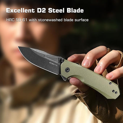 EDC Pocket Knife Rhino,3" D2 Steel Blade Durable G10 Handle, Folding Pocket Knives with Reversible Pocket Clip, Sharp Camping Hiking Pocket Knife for Men