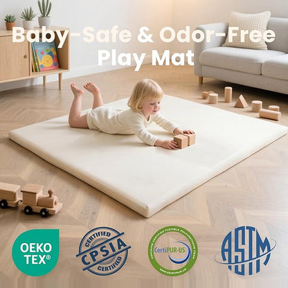 Baby Play Mat 50x50 Inches,1.3" Thick Padded Waterproof Floor Cushion & Playpen Mat with Vegan Leather,Non-Slip & Non-Toxic Nursery Rug for Infants, Toddlers & Kids(Cream)