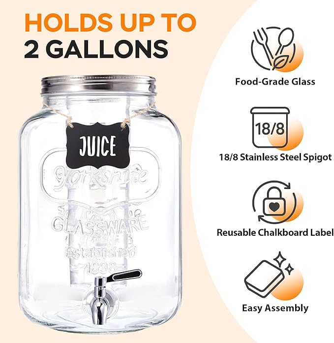 2 Gallon Large Glass Drink Dispenser Set, Beverage Dispensers