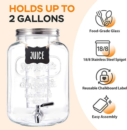 2 Gallon Large Glass Drink Dispenser Set, Beverage Dispensers