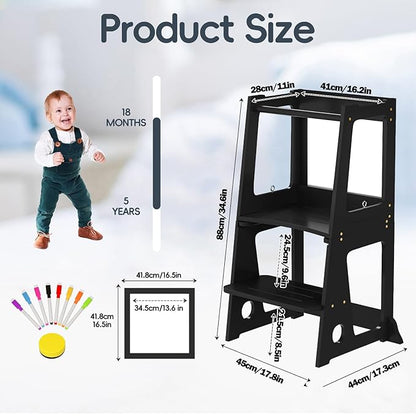 4 in 1 Kitchen Step Stool Helper for Toddlers, Toddler Learning Standing Tower with Whiteboard 2 in 1 Convertible Table and Chair, Widened Platforms for Little Ones Kitchen Counter Bathroom Sink