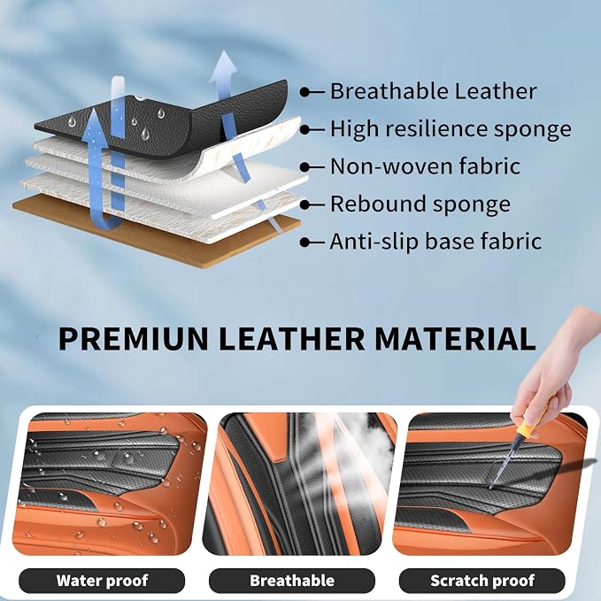 Fit Wrangler 4-Door Car Seat Covers for Jeep Wrangler 2010-2025 2026 -Premium Leather, Waterproof，Breathable，All-Weather Seat Cushion Protecto & Airbag Compatible, 2 Front Seat Orange & Black