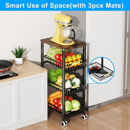 Fruit Vegetable Storage Basket for Kitchen, 4 Tier Large Pull-Out Metal Wire Baskets with 3 Pack Mats Bottom, Wood Top and Wheels, Vegetable Produce Bins Stand Cart Rack for Onions and Potatoes