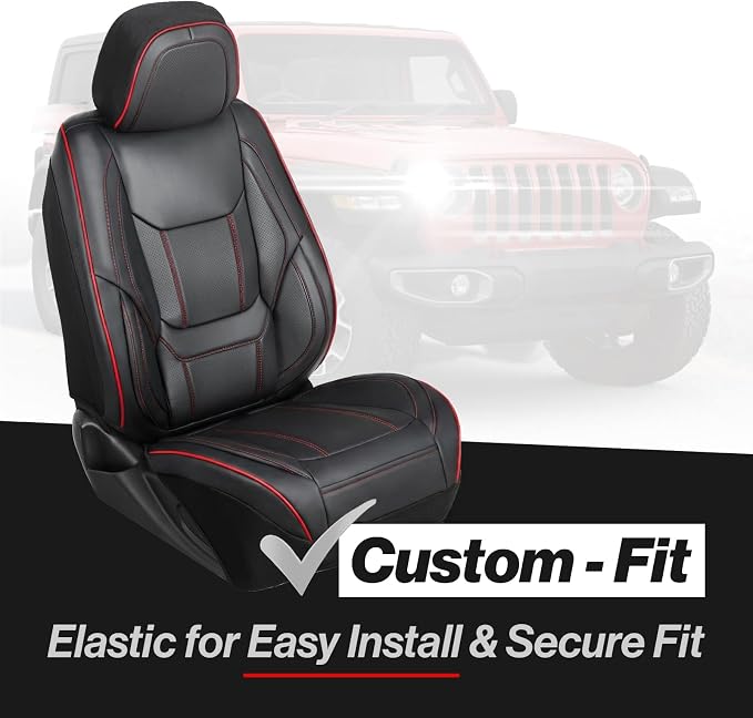 Coverland Custom SUV Car Seat Covers Front Seats for [2007-2017 Jeep Wrangler 2-Door, 4-Door] - Protector Water Resistant Leather Memory Form Seat Cushion [Front - Black with Red Stitching]