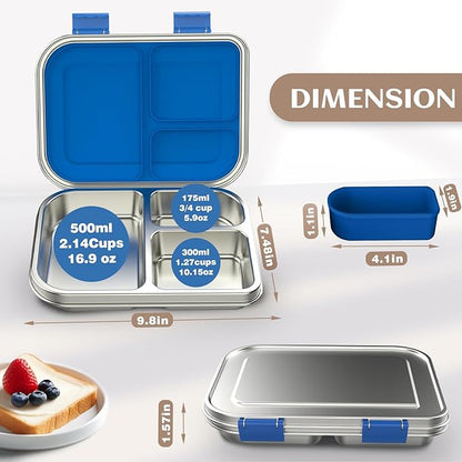Stainless Steel Bento Box Kids, 3 Compartments Leak Proof Metal Bento Lunch Box, 304 Stainless Steel Bento Lunch Containers for School and Office,Dishwasher Safe, BPA-Free-Blue
