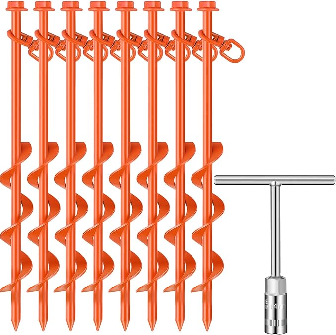 8 Pcs Ground Anchors Screw in, 12 Inch Heavy Duty Tent Stakes with Trampoline Anchor Hook Ground Stakes for Camping Tent Canopies Ports Sheds Swing Sets Securing Animals (Orange)