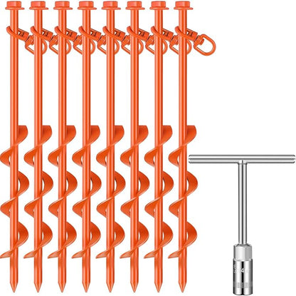 8 Pcs Ground Anchors Screw in, 12 Inch Heavy Duty Tent Stakes with Trampoline Anchor Hook Ground Stakes for Camping Tent Canopies Ports Sheds Swing Sets Securing Animals (Orange)