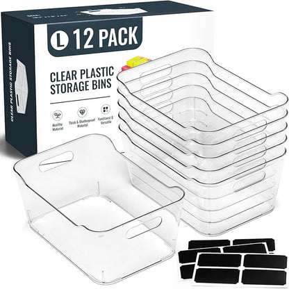 12 PACK Multi-Use Clear Plastic Storage Bins for Organizing w/Labels - Home, Kitchen, Pantry, Bathroom, Office, Cabinet Shelf Organizer Bins - SOHO Collection, RV, Fridge Organization Containers - L