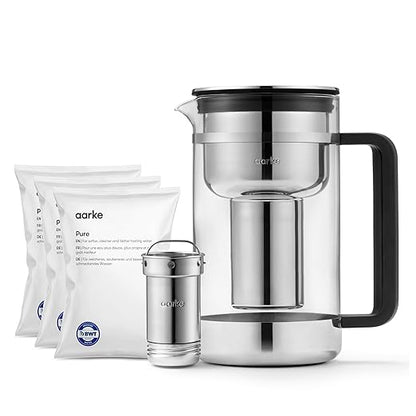 Aarke Purifier Large Glass Pitcher Bundle w/Steel Filter, 4 Pure Refill Granules