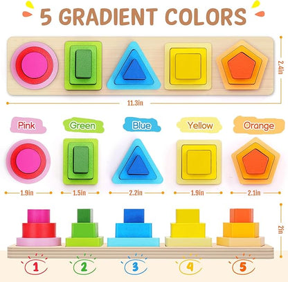 PEBIRA Montessori Toys for 1 2 3 Year Old Boys Girls Toddlers, Heightened Peg-Free Wooden Stacking Toys, Shape Sorter Learning Toy, Birthday Gift for Baby Kid Age 1-4 Preschool Toy, Various Game Play