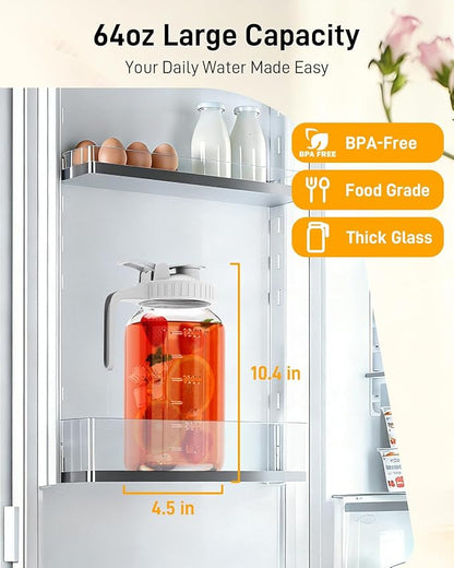 64 oz Glass Pitcher with Lid, Large Wide Mouth Mason Jar with Pour Spout