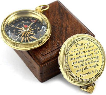 Trust in The Lord With All Your Heart - Proverbs 3:5-6 Quote Engraved Compass With Wooden Box, Greeting Card, Gift Compass, Graduation Day Gifts 2024 for Women Men Boys Girls