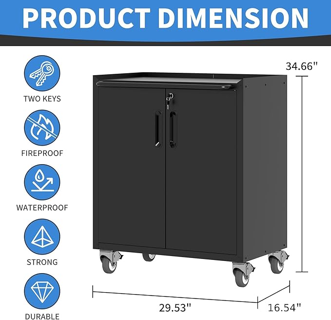 Metal Storage Cabinet with Wheels, Lockable Garage Storage Cabinet with Doors