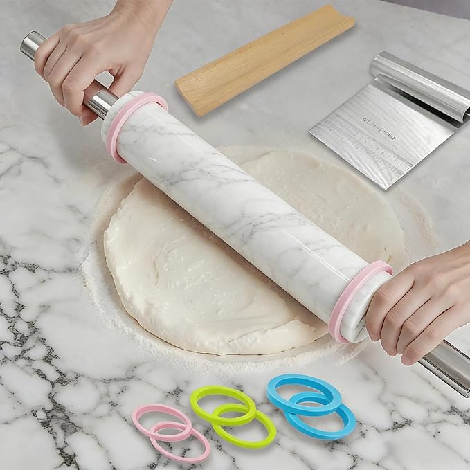 White Marble Rolling Pin with Stainless Steel Handles Baking Set