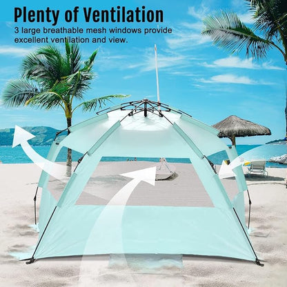 WhiteFang Deluxe Pop Up Beach Tent Sun Shade Shelter for 3-4/5-6 Person, UV Protection, Extendable Floor with 3 Ventilating Windows Plus Carrying Bag, Stakes, and Guy Lines
