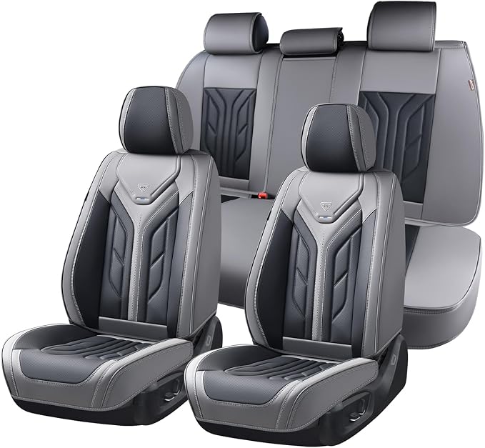 Coverado Car Seat Covers Full Set, Automotive Seat Covers Car Seat Protector Car Seat Cushion, Waterproof Leather Seat Covers for Cars, Universal Fit for Most Sedans SUV Pick-up Truck(Gray&Black)