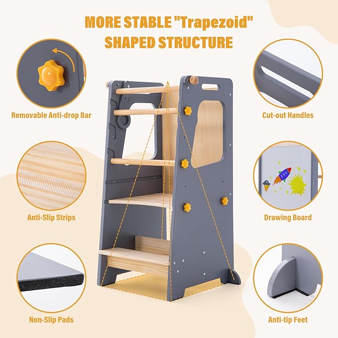 Toddler Standing Tower, Kitchen Stool Helper with Whiteboard, Adjustable Height Kids Toddler Step Stool with Anti-Slip Protection, Kids Step Stool with Safety Feet for Kitchen Bathroom