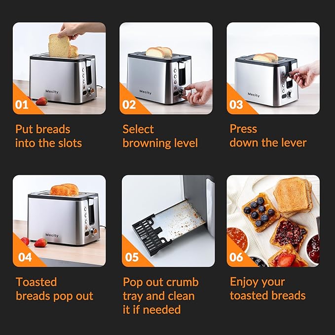 Mecity Toaster 2 Slice Stainless Steel Body, Cancel Functions, Warming Rack
