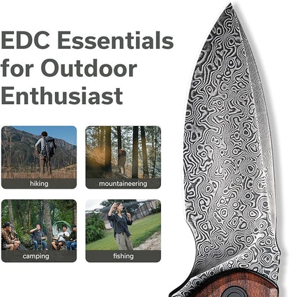 CIVIVI Folding Pocket Knife for EDC, Small Mini Praxis Knife for Men Women, 2.98" Damascus Blade Guibourtia Wood Handle, Sharp Camping Hiking Knives C18026C-DS1