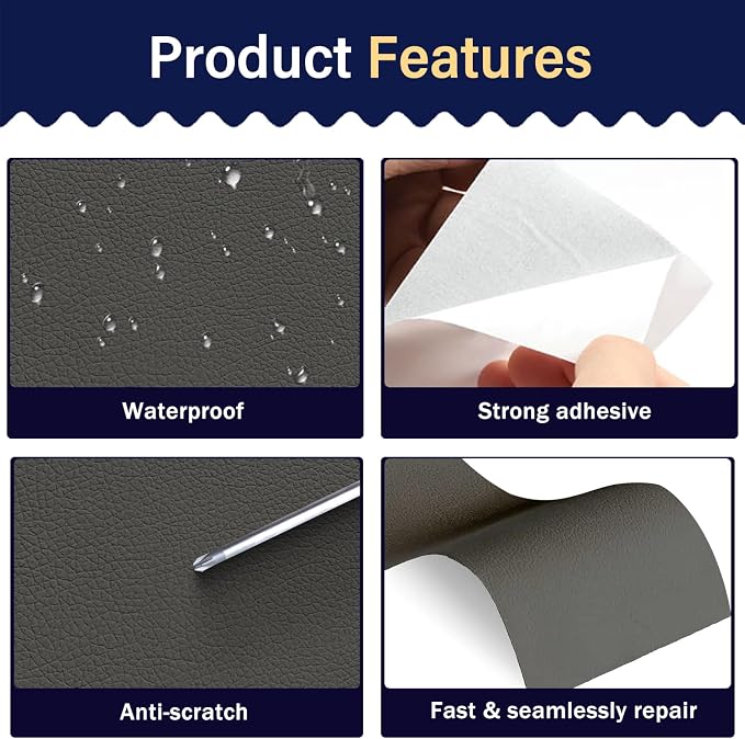 Zenyao Leather Repair Patch Tape - Self Adhesive Leather Repair Kit for Car Seat Furniture, Heavy Duty Vinyl Repair Patch for Couch Sofa, Waterproof Fix for Tears, 3x60 Inch Roll, Dark Grey