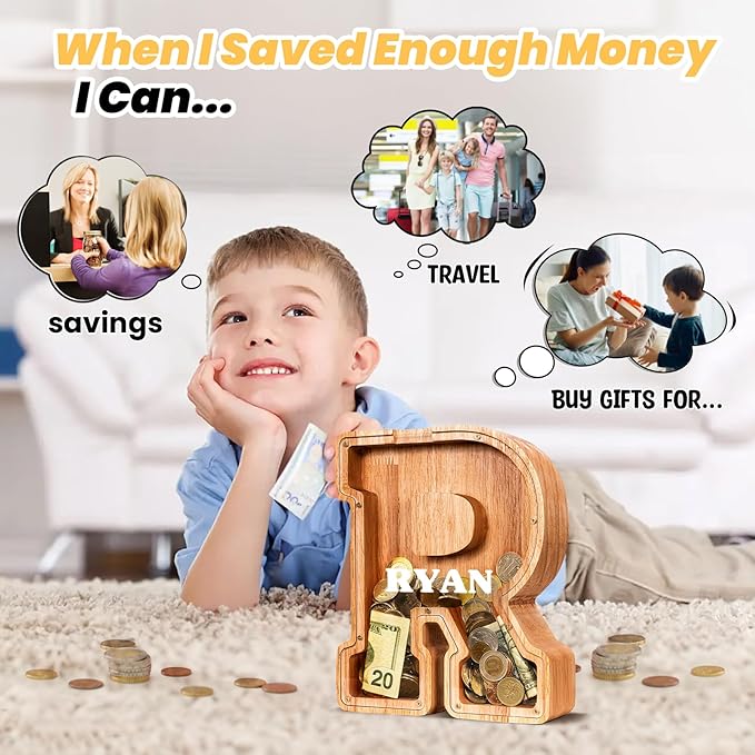 KMC Wooden Letter Piggy Bank, Personalized Initial Piggy Bank for Kids Boys, Clear Alphabet R Wood Money Box, Unbreakable Coin Saving Jar, Birthday, for Children