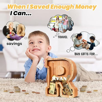 KMC Wooden Letter Piggy Bank, Personalized Initial Piggy Bank for Kids Boys, Clear Alphabet R Wood Money Box, Unbreakable Coin Saving Jar, Birthday, for Children