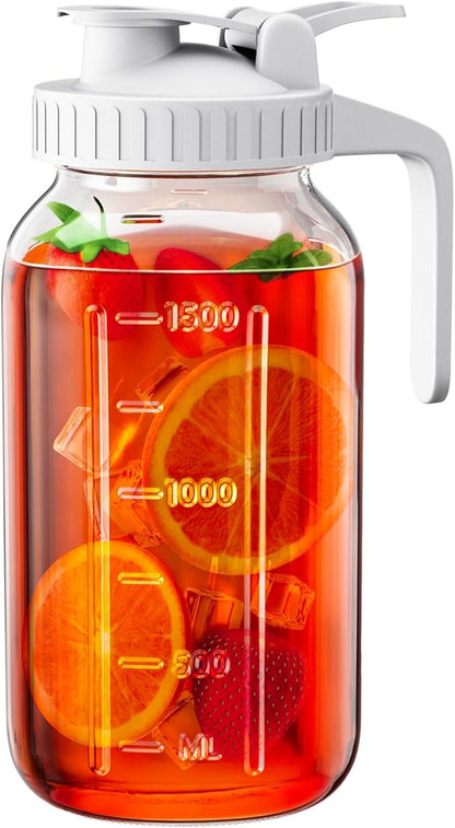 64 oz Glass Pitcher with Lid, Large Wide Mouth Mason Jar with Pour Spout