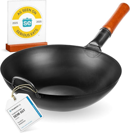 YOSUKATA 13.5" Carbon Steel Wok Pan – Pre-Seasoned Flat Bottom Pow Wok for Stir Fry, BBQ, Grill & Camping – Traditional Japanese Chinese Cookware – Compatible with Induction, Electric, Gas, Open Fire