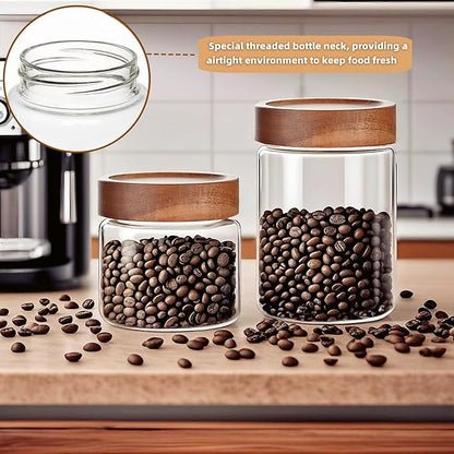 Set of 2 Glass Food Storage Jars, Premium Clear Glass Container Jar with Airtight Wooden Screw Lid, Kitchen Canisters for Coffee,Tea,Pasta,Cookies, Nuts,Spice,Candy,Overnight Oatmeal