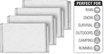 Swiss Safe 4 Pack Mylar Emergency Blankets for Survival - Compact & Insulated for Cold Weather - Designed for NASA, Outdoor, Running, Camping, Survival, First Aid Car Kit - Silver, 4 Pack