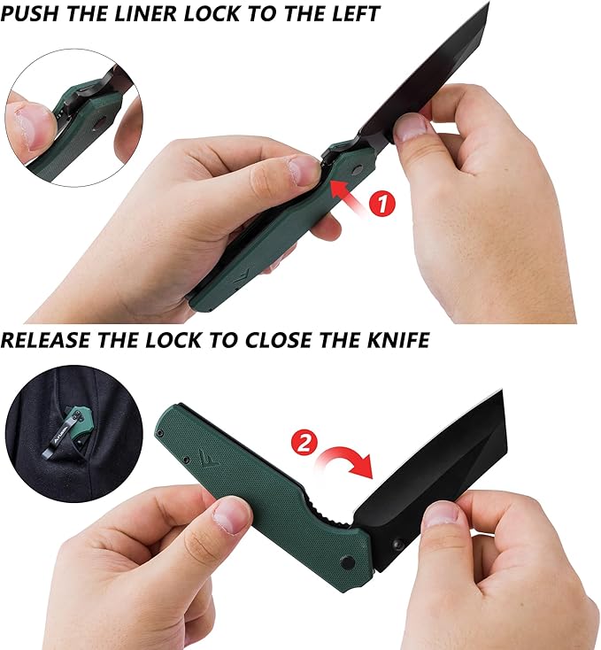FLISSA Folding Knife, 4-3/4" Reverse Tanto Folding Pocket Knife, Black Stonewash Blade, G10 Handle, for Hunting, Survival, Camping and Outdoor Activities, Great Gifts for Dad, Husband, Friend