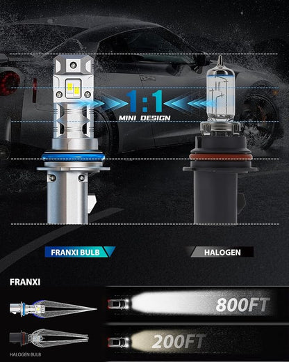 FRANXI 9007/HB5 LED Bulbs fog light bulb, Hi/Low Beam, 1:1 Mini Size, 60W Super Bright 6000K Cool White Plug and Play, IP67 Waterproof Accessory Light., Pack of 2