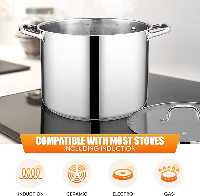 E-far 16 Quart Stainless Steel Stock Pot, Large Heavy Duty Induction Stockpot